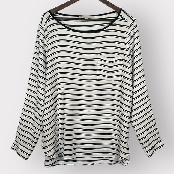 Loft Shirt Top Women XL Black‎ Striped Pocket Curved Hem Long Sleeve Sheer D31 - Picture 1 of 11